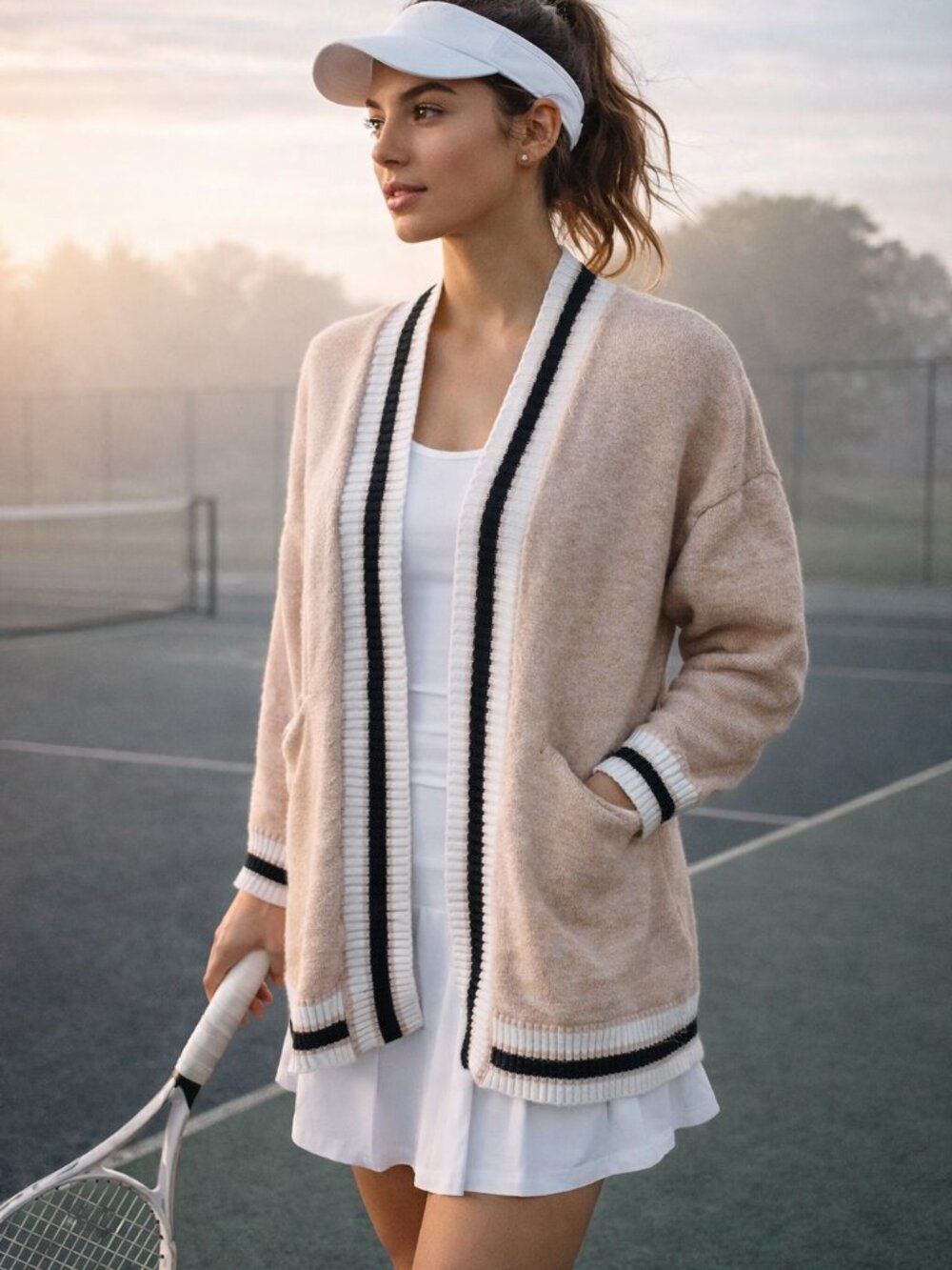 FLAWLESS Open-Front Beige Cardigan with Black & White Stripe Trim and Pockets Sm